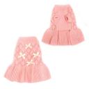 Imagen que muestra el producto Vestido Tejido Con Moños Para Mascotas. Vestido tejido cuello tortuga con moños. Material: Poliéster Color: Rosado, café, azul Disponible: Razas pequeñas y medianas.