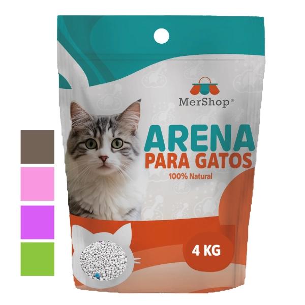 Imagen que muestra el producto Arena Para Gatos Marca Con Aroma. Arena para gatos en presentación de 4 Kg, 8kg y 20 kg con un agradable aroma a café, floral, lavanda o limón. Bajo en polvo – Grumo duro y de rápida absorción – Control de olores.