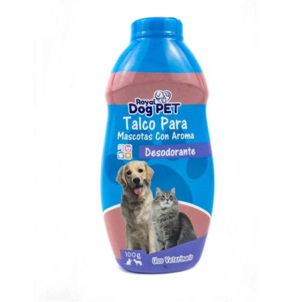Imagen que muestra el producto Talco Royal Dog Pet 100 Gr. Talco Royal Dog Pet que brinda protección y agradable olor a bebé. Controla bacterias y hongos de la piel. Presentación: Frasco x 100 g. Disponible: Para perros de todas las razas.