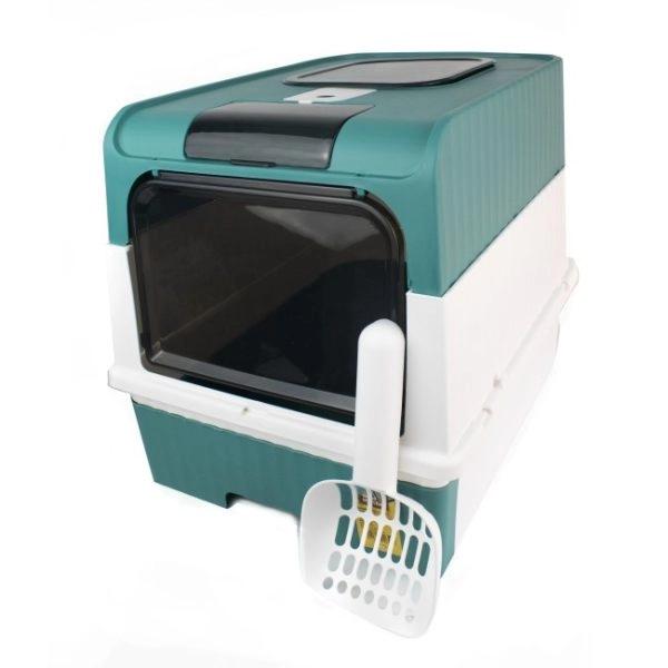 Imagen que muestra el producto Arenera Con Base Extraíble. Arenera cubierta con tapa en la parte superior, cuenta con filtro, puerta transparente y base extraible. Trae pala. Material: Plástico     Color: Negro, gris, rosado, verde                                                                                               Disponible: Razas pequeñas y medianas. Medidas: Largo 48 cm * Ancho35  cm Alto 36 cm