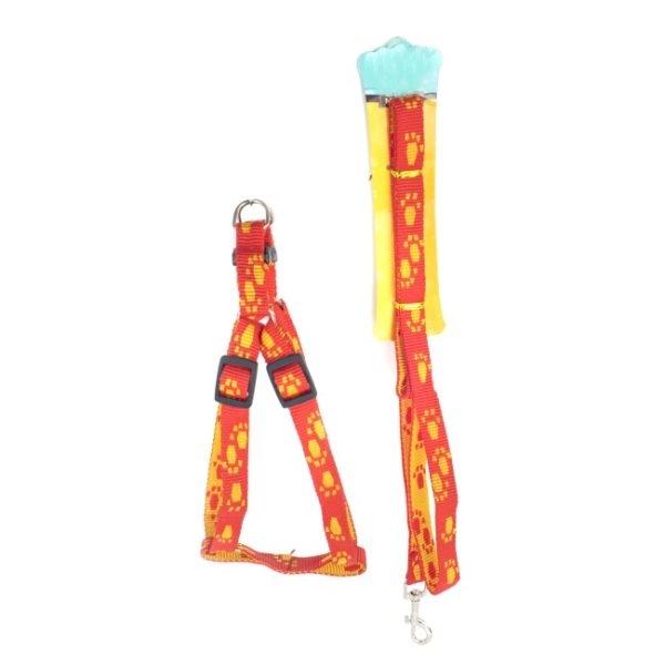Imagen que muestra el producto Arnés Bicolor De Huellitas  Para Mascotas. Arnés con estampado de huellitas, cuenta con hebillas ajustables, broche de seguridad y anillos tipo D para fijar la correa. Material: Poliéster, metal Color: Rojo, rosado, azul Disponible: Razas pequeña Medidas: TALLA XS , S CUELLO 30-41 CM TORSO MIN-MAX 41-53 CM PESO MAXIMO – APROX 5-11 KG, TRAILLA 1,20 CM