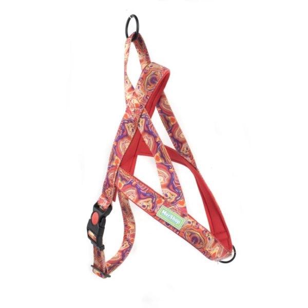 Imagen que muestra el producto Arnés Con Broche De Seguirdad  Talla L. Arnés estampado, cuenta con hebillas ajustables, broche de seguridad y anillo tipo D en la parte superior y en el pecho para fijar la correa. Material: Poliéster, metal                                                                                            Color: Rojo, verde, azul oscuro, azul claro   Disponible: Razas grandes Medidas: TALLA L CUELLO 46-66 CM TORSO MIN-MAX 61-76 CM PESO MAXIMO APROX 23-36 KG