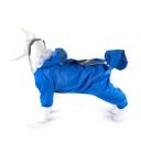 Imagen que muestra el producto Enterizo Impermeable Para Mascotas. Impermeable para mascotas con tejido reflectivo, botones y orificio para sacar la correa. Material: Poliéster, vinilo Color: Azul, gris DIsponible: Razas pequeñas, medianas y grandes