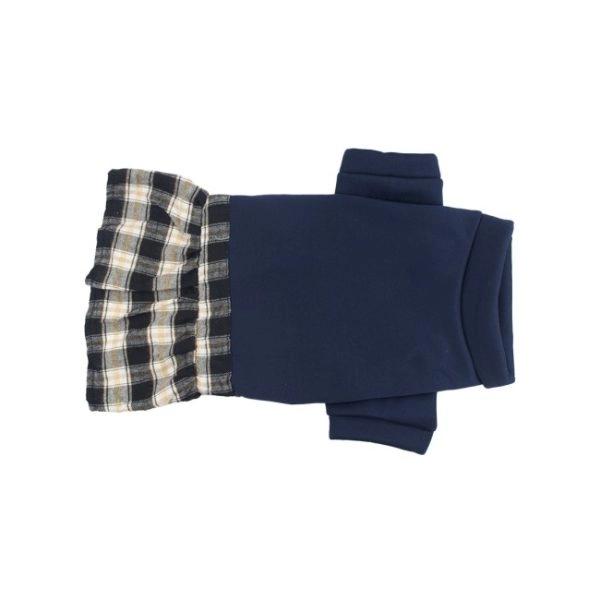 Imagen que muestra el producto Vestido Jardinera Para Mascotas. Vestido jardinera con estampado estilo tartán. Material: Poliéster Color: Azul, rosado, rojo Disponible: Razas pequeñas y medianas.