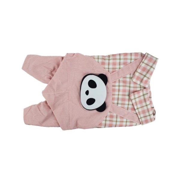 Imagen que muestra el producto Overol Panda Para Mascotas. Overol panda con camisa leñadora, cuenta con botones inferiores para apuntar. Material: Poliéster Color: Azul, rosado, gris Disponible: Razas pequeñas y medianas.