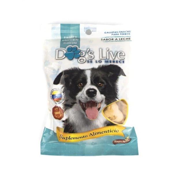 Imagen que muestra el producto Dogs Live Leche 100Gr, 150Gr, 200Gr, 350Gr, 1000Gr. Suplemento alimenticio sabor a leche. Ingredientes: Harina de trigo, harina de avena, harina de arroz, grasa de res. Disponible: Perros de todas las razas a partir de los 4 meses de edad.