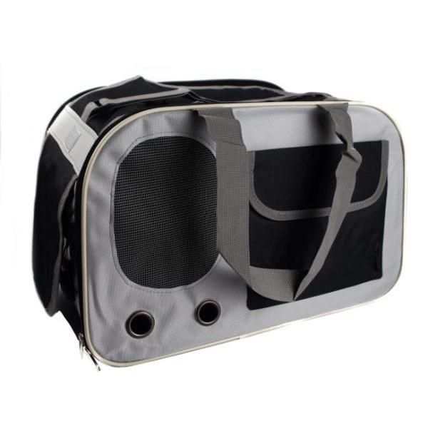 Imagen que muestra el producto Bolso Cargador Para Mascotas. Bolso cargador para mascotas, cuenta con ventanillas al frente y a los costados con malla transpirable, bolsillo y correa doble con soporte en velcro. Material: Poliéster Color: Amarillo, verde, negro Disponible: Razas pequeñas.