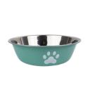 Imagen que muestra el producto Comedero Huellita Para Mascotas. Bowl para mascotas, cuenta con estampado de huellitas. Material: Acero inóxidable     Color: Verde, gris, rosado, azul                                                                                            Disponible: Razas pequeñas,medianas