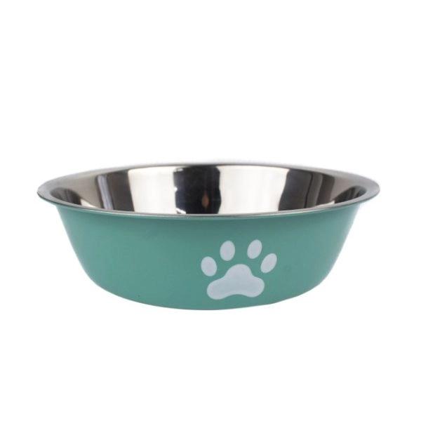 Imagen que muestra el producto Comedero Huellita Para Mascotas. Bowl para mascotas, cuenta con estampado de huellitas. Material: Acero inóxidable     Color: Verde, gris, rosado, azul                                                                                            Disponible: Razas pequeñas,medianas