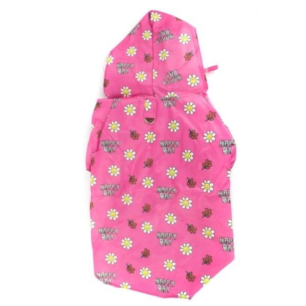 Imagen que muestra el producto Impermeable Flor Happy Day Para Mascotas. Impermeable estampado con botones y anillo tipo D para ajustar la correa. Material: Poliéster, vinilo Color: Negro, rosado, fucsia Disponible: Razas pequeñas.