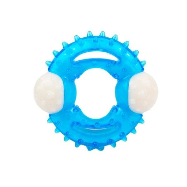 Imagen que muestra el producto Juguete Mordedor Dona Para Mascotas. Juguete para mascotas en forma de dona, cuenta con cubierta texturizada. Material: Pasta                                                               Color:  Azul, verde                                                         Disponible: Razas pequeñas y medianas.