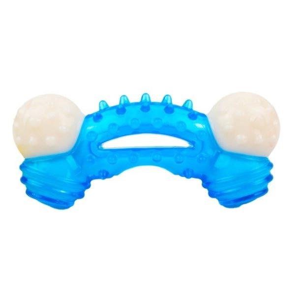 Imagen que muestra el producto Juguete Hueso Mordedor Para Mascotas. Juguete para mascotas en forma de hueso, cuenta con cubierta texturizada. Material: Pasta                                                               Color:  Azul, verde                                                         Disponible: Razas pequeñas y medianas.