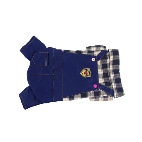 Imagen que muestra el producto Overol Student Para Mascotas. Overol student para mascotas, cuenta con bolsillo decorativo, camisilla estilo tartán y botones inferiores para apuntar. Material: Poliéster Color: Azul, rosado, rojo, negro Disponible: Razas pequeñas y medianas.