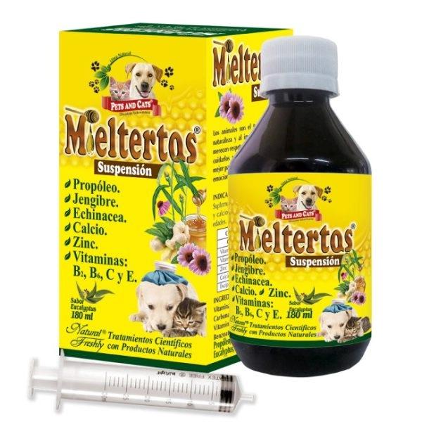 Imagen que muestra el producto Mieltertos Gripa Natural Freshly 180 Ml. Mieltertos gripa Natural Freshly indicado para la pronta recuperación de neumonía, tos, amigdalitis y demás enfermedades respiratorias. Ingredientes: Miel, propoleo.  Presentación: Frasco x 180 ml con jeringa. Disponible: Para perros de todas las razas y edades.