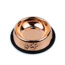 Imagen que muestra el producto Comedero Cobre Estampado Huellitas Para Mascotas. Comedero para mascotas redondo, cuenta con sistema antideslizante y estampado de huellitas. Material: Acero inóxidable Color: Cobre Disponible: Razas pequeñas.
