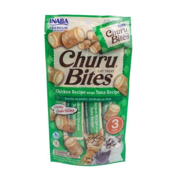 Imagen que muestra el producto Churu Bites Chicken Recipe Wraps Tuna Recipe Wraps. Suplemento alimenticio en trocitos cubiertos de una pasta de pollo suave y rellenos de churu de Inaba. Ingredientes: Pollo, agua, atún, almidón de Tapioca, clara de huevo. Presentación: 3 UND X 10GR Disponible: Para gatos de todas las razas a partir de las 12 semanas de edad.