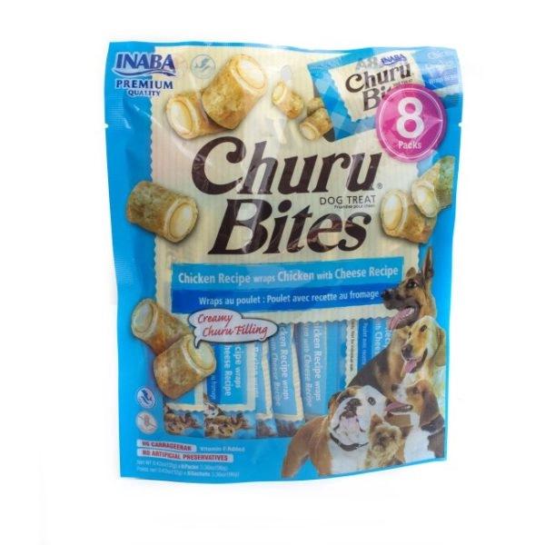 Imagen que muestra el producto Churu Bites For Dog Chicken Recipe Wraps Chicken With Cheese Recipe. Suplemento alimenticio en trocitos cubiertos de una pasta de pollo suave y rellenos de churu de Inaba. Ingredientes: Pollo, agua, atún, almidón de Tapioca, clara de huevo, queso, sabor natural pollo. Presentación: 8 UND X 12GR Disponible: Para perros de todas las razas y tamaños.