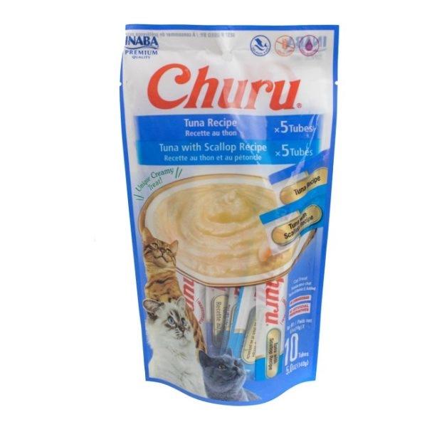 Imagen que muestra el producto Churu Tuna With Scallop. Suplemento alimenticio de consistencia cremosa, sabrosa y bajo en calorías. Churu está pensado como un premio y no debe administrarse como una comida completa. Ingredientes: Agua, atún, tapioca, Taurina, extracto de té verde, sabor natural de Vieira, sabor natural atún. Presentación: 10 UND X 14GR Disponible: Para gatos de todas las razas a partir de las 12 semanas de edad.