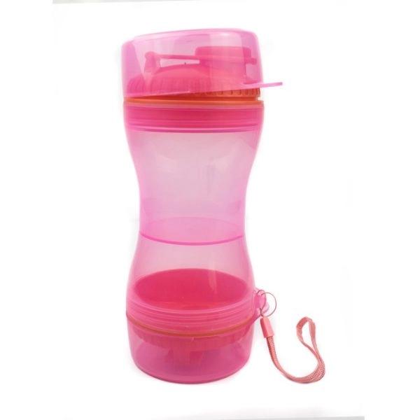 Imagen que muestra el producto Portacomida Y Bebida Para Mascotas. Termo portatil con dos compartimentos para agua y comida, cuenta con tapas doble función en cada extremo y tirilla para transportar. Capacidad de 500 ml. Material: Plástico                                                                                                       Color: Rosado, azul, verde                                                                                                         Disponible: Razas pequeñas y medianas.