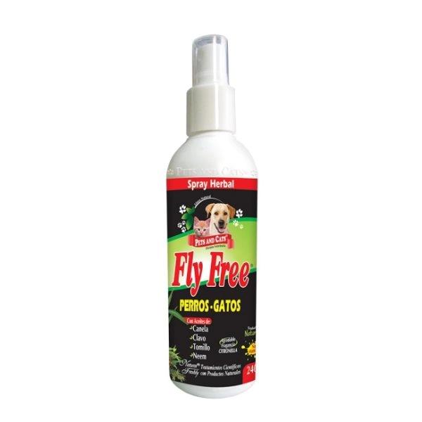 Imagen que muestra el producto Fly Free Spray Herbal Natural Freshly 240 Ml. Fly Free spray herbal Natural Freshly desarrollado para el pelaje de su mascota dejando un agradable aroma a citronela. Ingredientes: Canela, clavo, tomillo, neem.  Presentación: Frasco x 240 ml. Disponible: Para perros y gatos de todas las razas y edades.