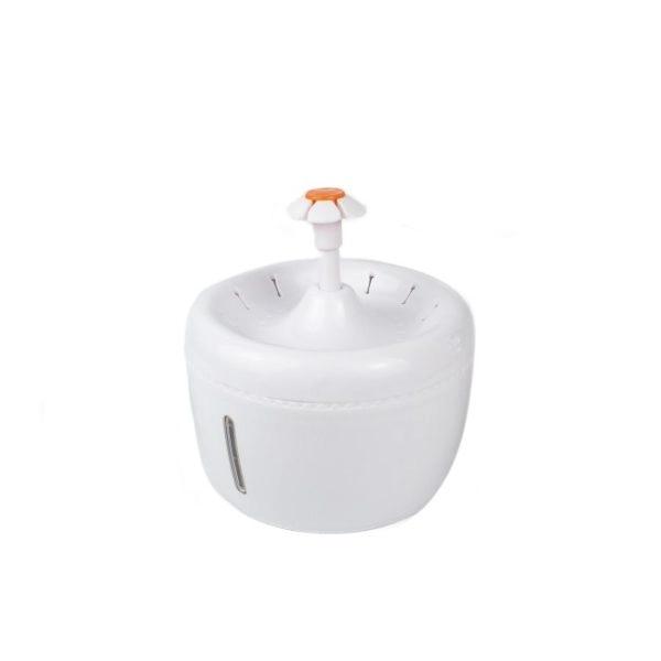 Imagen que muestra el producto Fuente De Flor Para Mascotas. Dispensador de agua, cuenta con bomba de agua de CC silenciosa, filtro, USB de 5V  y boquilla en forma de flor. Material: Plástico  Color: Blanco Disponible: Razas pequeñas. Medidas: Ancho 20cm*Alto 19 cm
