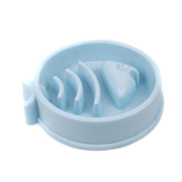 Imagen que muestra el producto Comedero Plateado Tradicional. Comedero antirreflujo con diseño de pescado. Cuenta con antideslizantes. Material: ABS  Color: Rosado, verde, azul                                                                                                        Disponible: Razas pequeñas y medianas.