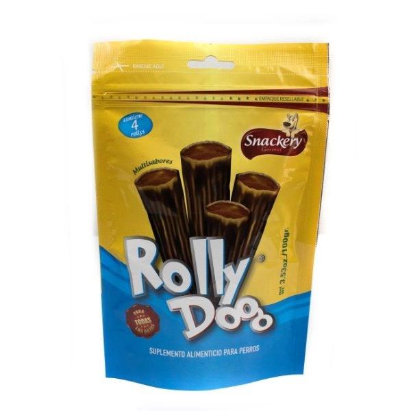 Imagen que muestra el producto Rolly Dog Suplemento Perros. Snacks en forma de cabanos rellenos, multisabores a carne, tocineta, pollo y pescado. Ingredientes: Avena Presentación: 100gr Disponible: Perros de todas las razas a partir de los 4 meses de edad.