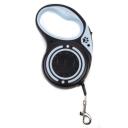 Imagen que muestra el producto Correa Retráctil De 3M Y 5M. Correa retractil, cuenta con estampado de huella y botón para fijar la correa. Trae 3M de cuerda. Material: Plástico, metal Color: Negro, rosado, azul Disponible: Razas pequeñas, Medianas