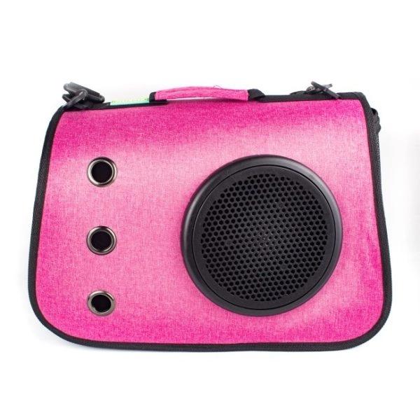 Imagen que muestra el producto Transportin Con Cúpula Para Mascotas. Transportin para mascotas, cuenta con anillos de ventilación, mallas laterales, rejilla y cupula para intercambiar, mango ergonómico y correa para facilitar su transporte. Material:  Mezclilla, plástico                                                                                                                                               Color: Café, gris, azul, fucsia                                                                                                                                                                        Disponible: Razas pequeñas de hasta 10Kg