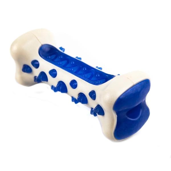 Imagen que muestra el producto Juguete Hueso Macizo Para Mascotas. Juguete hueso de dentición para mascotas. Ayuda a limpiar el sarro. Material: Plástico Color: Rojo, azul Disponible: Razas medianas y grandes.