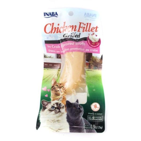 Imagen que muestra el producto Filete De Pollo Rosado, Azul 15G. Filete de pollo a la parrila en caldo con sabor a vieira y cangrejo “Ingredientes: Pollo, caldo natural con sabor a Vieira, suplemento de vitamina E, extracto de té verde.  Presentación: 15gr Disponible: Para gatos de todas las razas.”