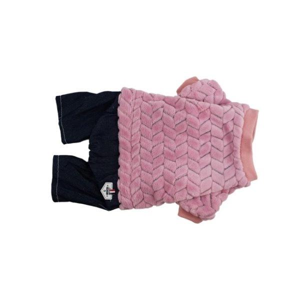 Imagen que muestra el producto Enterizo Jean Para Mascotas. Enterizo jean con ovejero para mascotas, cuenta con botones inferiores para apuntar. Material: Poliéster Color: Azul, rosado, gris Disponible: Razas pequeñas y medianas.
