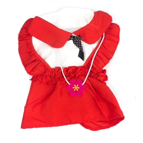Imagen que muestra el producto Vestido Flor Para Mascotas. Vestido tipo muñeca para mascotas, cuenta con velcro ajustable. Material: Poliéster Color: Rosado, azul Disponible: Razas pequeñas