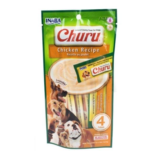 Imagen que muestra el producto Dog Churu Chicken Recipe. Suplemento alimenticio de consistencia cremosa, sabrosa y bajo en calorías. Churu está pensado como un premio y no debe administrarse como una comida completa. Ingredientes: Agua, pollo, tapioca, Tapioca, extracto de té verde, sabor natural de pollo. Presentación: 4 UND X 14GR Disponible: Para perros de todas las razas y edades.
