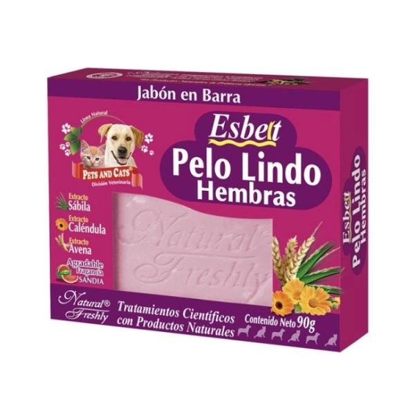 Imagen que muestra el producto Jabon Esbelt Pelo Lindo Hembras Natural Freshly 90 Gr. El jabón en barra Esbelt Pelo Lindo Hembras esta desarrollado para la limpieza del pelaje y la piel de las mascotas. Ingredientes: Sábila, calendula, avena.  Presentación: Barra x 90 g. Disponible: Para perros y gatos de todas las razas y edades.