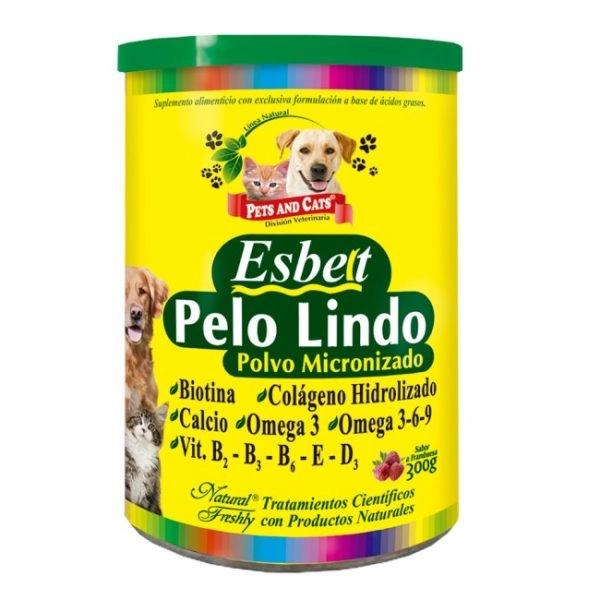 Imagen que muestra el producto Esbelt Pelo Lindo Micronizado 300 G. Esbelt pelo lindo Micronizado Natural Freshly ayuda a controlar la caída del pelo, mejora el brillo y vistosidad y aumenta las defensas mejorando la respuesta inmune. Ingredientes: Vitaminas, pantotenato de calcio, ácidos grasos.  Presentación: Frasco x 300 g Disponible: Para perros y gatos de todas las razas y edades.