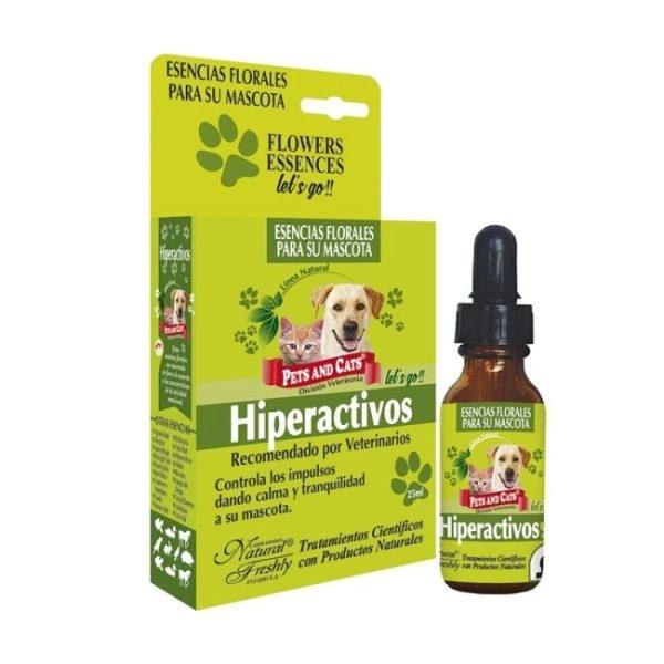 Imagen que muestra el producto Esencia Hiperactivos Natural Freshly 25 Ml. Esencia Hiperactivos Natural Freshly ayuda a controlar los impulsos dando calma y tranquilidad a su mascota, evitando nerviosismo e hiperactividad. Ingredientes: Armonica asociación de esencias florales.  Presentación: Frasco x 25 ml con gotero Disponible: Para perros y gatos de todas las razas y edades.