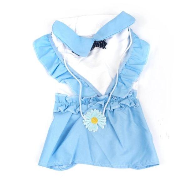 Imagen que muestra el producto Vestido Margarita Para Mascotas. Vestido tipo muñeca para mascotas, cuenta con velcro ajustable. Material: Poliéster Color: Rosado, azul, rojo Disponible: Razas pequeñas