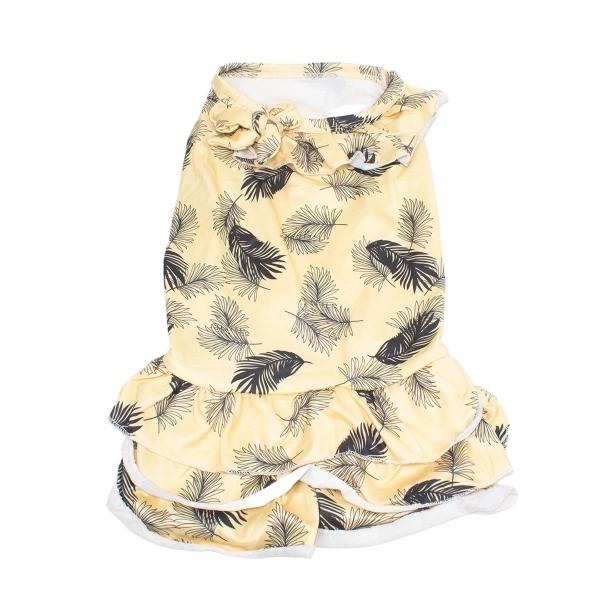 Imagen que muestra el producto Vestido Estampado. Vestido estampado con moño al costado. Material: Poliéster Color: Amarillo, rosado, azul Disponible: razas pequeñas.