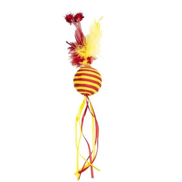 Imagen que muestra el producto Juguete Pelota Con Plumaspara Mascotas. Juguete pelota con plumas. Material: Poliéster, plumas Color: Rojo, azul, naranja, morado, verde Disponible: Razas pequeñas