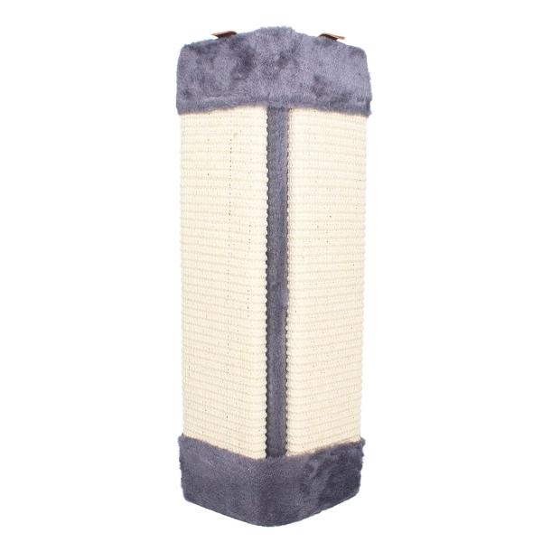 Imagen que muestra el producto Rascador Esquinero. Rascador para adaptar a las esquinas de los muebles, cuenta con tornillos y chazos para asegurar. Material: poliéster, cabuya Color: Café, beige, gris