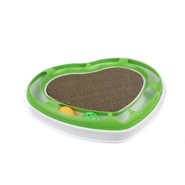 Imagen que muestra el producto Juguete Pista De Pelotas  Para Mascotas. Juguete interactivo, cuenta con pista de pelotas, rascador en el medio y bolsita de catnip. Material: Plástico, cartón Color: Azul, rosado, verde Disponible: Razas pequeñas.