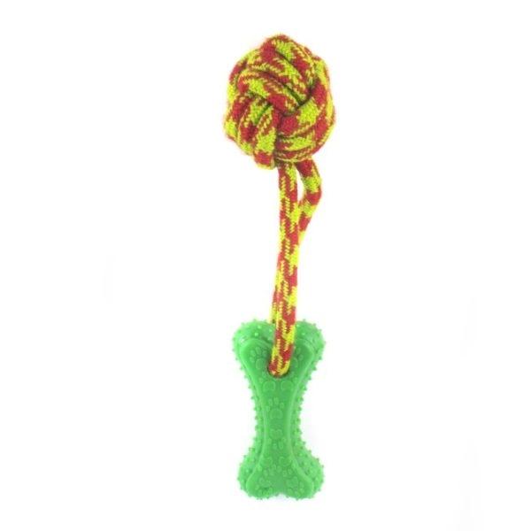 Imagen que muestra el producto Juguete Bola Cuerda Con Hueso Para Mascotas. Juguete mordaza, cuenta con cuerda en forma de nudo y hueso con textura, ideal para que tu mascota pueda limpiar sus dientes mientras se divierte. Material: Plástico, Poliéster Color: Verde, azul, rojo, naranja. Disponible: Razas medianas y grades.