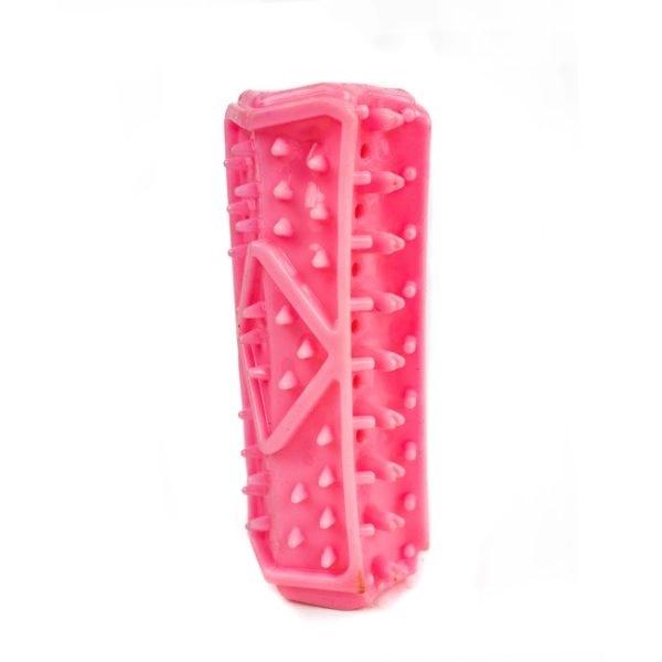 Imagen que muestra el producto Juguete De Dentición Para Mascotas. Juguete de dentición, cuenta con textura de púas y orificios a los costados ideales para ayudar con la limpieza de lo dientes y para poder esconder snacks.  Material: Caucho                                                                                                               Color: Verde, azul, rosado                                                                                                Disponible: Razas pequeñas y medianas.