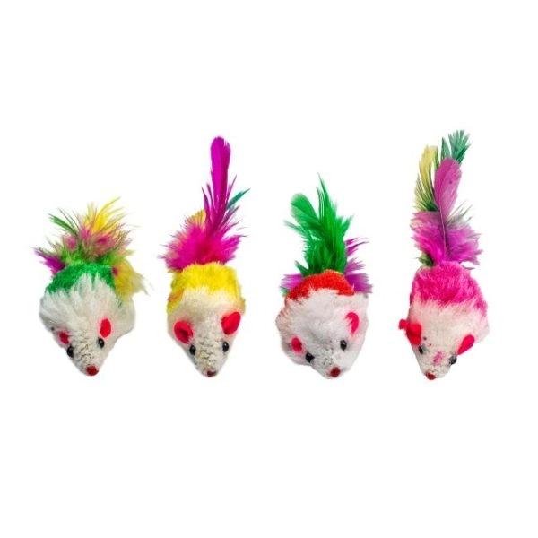 Imagen que muestra el producto Set 4 Ratones Para Mascotas. Set x 4 ratones de colores. Material: Poliéster Color: Disponible en la foto Disponible: Razas pequeñas