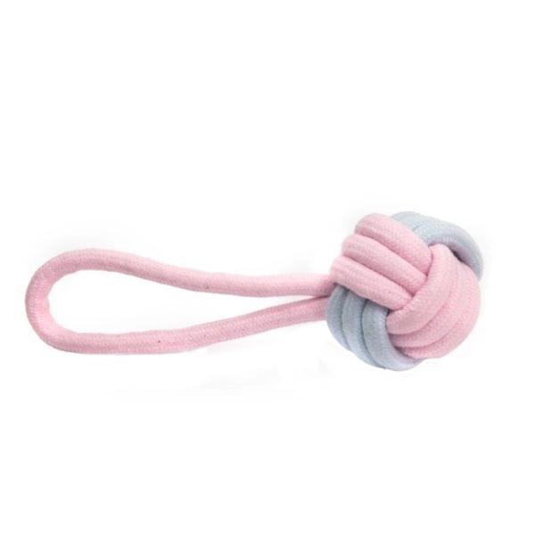 Imagen que muestra el producto Juguete Pelota De Cuerda Para Mascotas. Juguete pelota cuerda. Material: Poliéster Color: Azul, rosa, amarillo Disponible: Razas pequeñas y medianas.