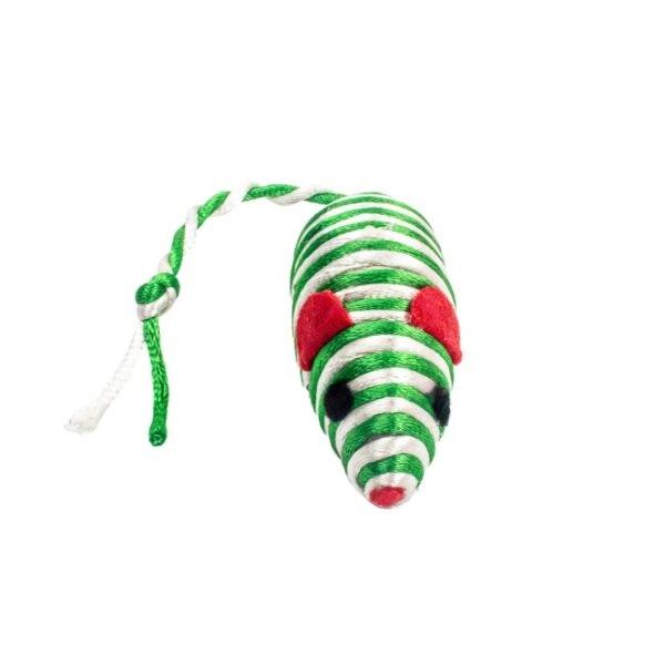 Imagen que muestra el producto Juguete Ratón Para Mascotas. Juguete ratón con cuerda bicolor. Material: Poliéster Color: Rojo, verde, azul Disponible: Razas pequeñas