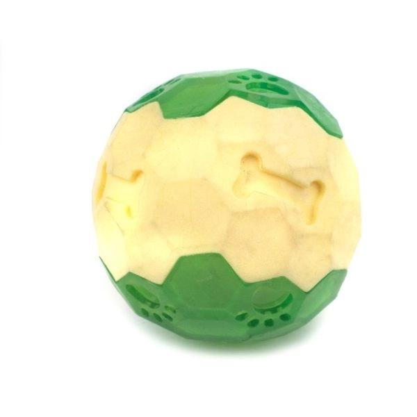 Imagen que muestra el producto Juguete Rugby Para Mascotas. Pelota con estampado de huesos y huellitas, cuenta con luz led interna. Material: Plástico Color: Verde, rosado, azul, amarillo Disponible: Razas medianas.