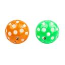 Imagen que muestra el producto Pelota Bicolor Con Cascabel Para Mascotas. Set x 2 pelotas con cascabel. Material: Plástico Color: Verde, naranja Disponible: Razas pequeñas