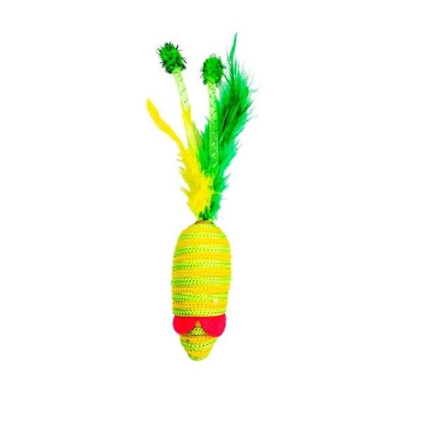 Imagen que muestra el producto Ratón Con Plumas Para Mascotas. Juguete ratón, cuenta con plumas en la parte inferior. Material: Poliéster, plumas Color: Rojo, azul, naranja, morado, verde Disponible: Razas pequeñas